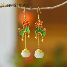 Load image into Gallery viewer, Natural Jade Green Lotus Beads Eardrops Antique Earrings Retro Chinese Style Colored Enamel Glaze Lotus Leaf Lotus Sterling
