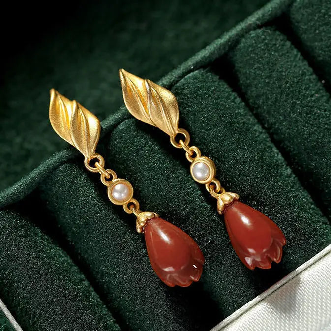 Old Fu Style 9999 Sterling Silver Natural South Red Agate Eardrops S925 Sterling Silver Gold Plated Magnolia Ancient Style