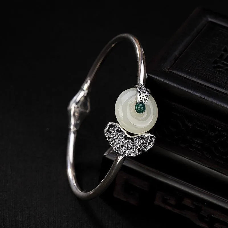 Hetian Jade Peace Buckle S925 Sterling Silver Bracelet Summer Small Open Mouth Jade Bracelet Female to Give Mom Mother Gift