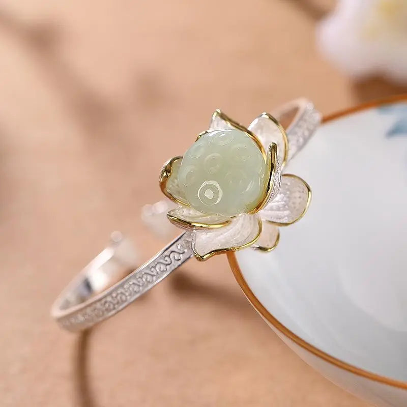 Original S925 Sterling Silver Inlaid Hetian Jade White Jade Lotus Creative Archaistic Ethnic Style Ladies Open-End Bangle