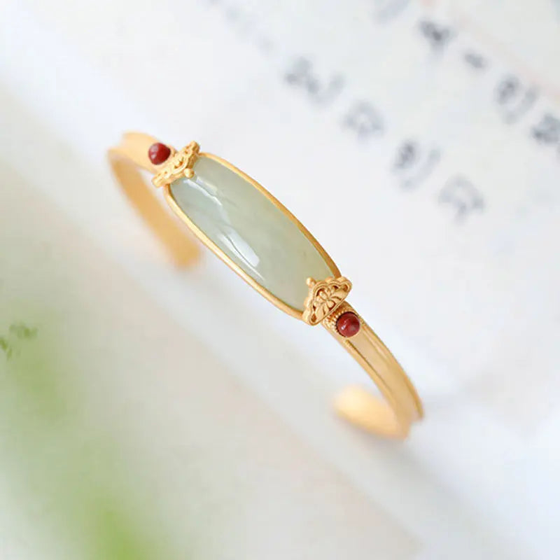 NATRICH Palace Style S925 Sterling Silver Gilding Natural Hetian Jade Gray Jade Bracelet Opening Bracelet Women's Simple to Give