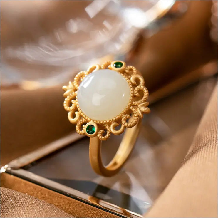 Fiber Jade Hand. Hetian Jade round Ring Silver Plated Hollow Flower White Jade Open Ring Gold Bracelet