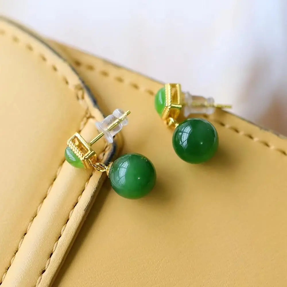 Natural Hetian Jade Green Jade Eardrops S925 Sterling Silver round Beads Small Exquisite Super Fairy Graceful Earrings Simple