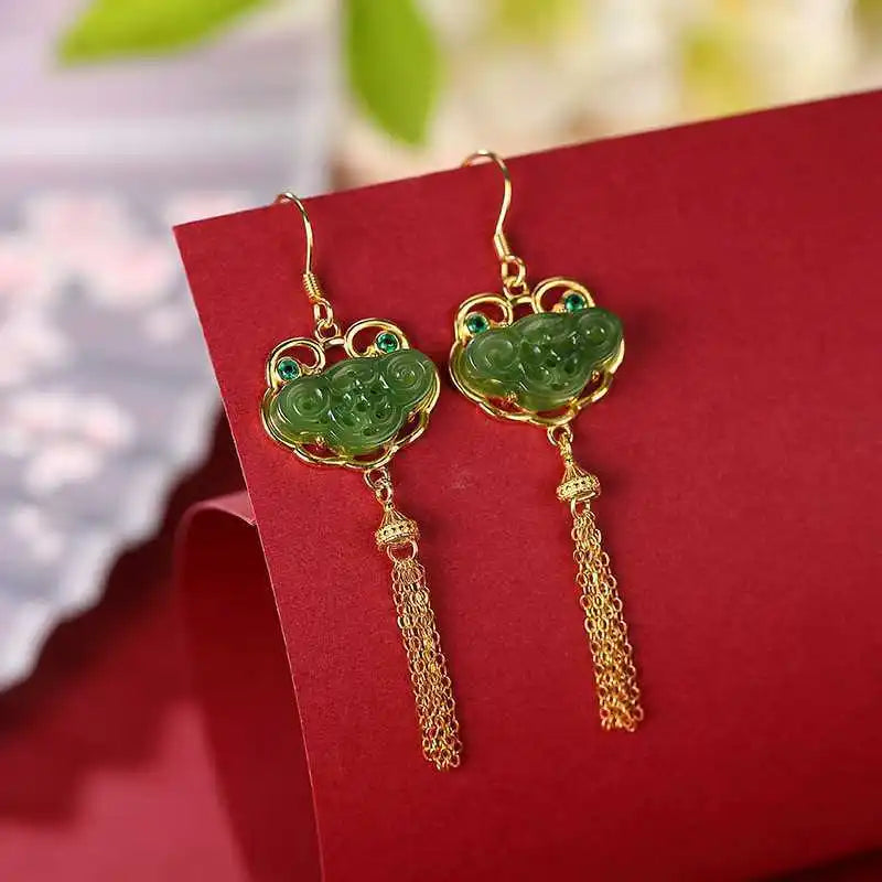 Natural Stone Green Tassel Earrings Upscale Personality S925 Sterling Silver Ruyi Earrings Retro Ethnic Style Jewelry Women