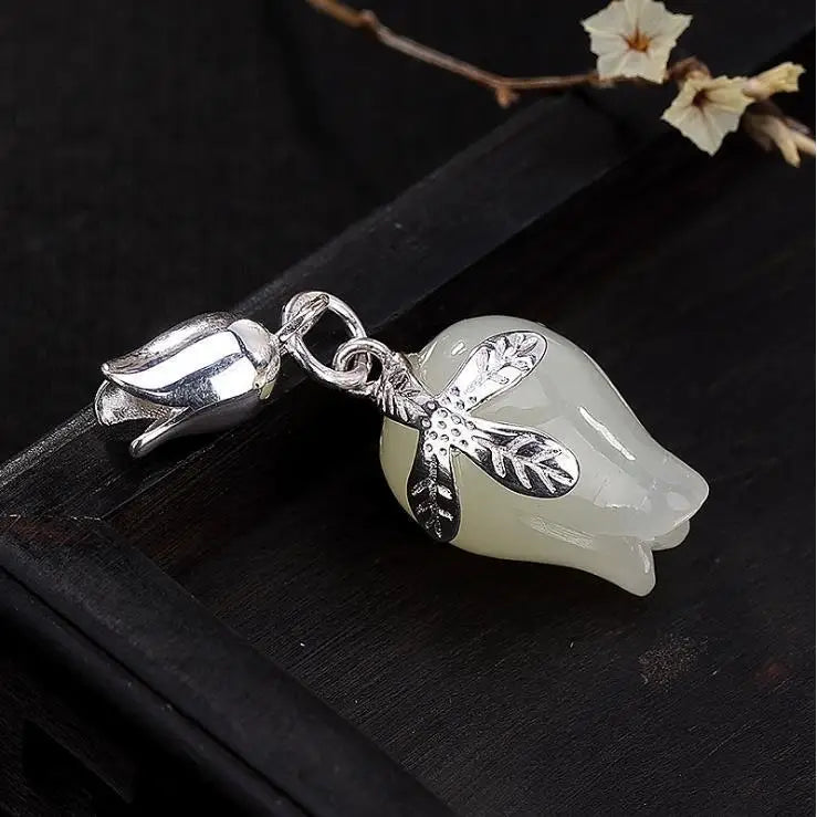 Natural Hetian Jade Orchid Pendant Inlaid S925 Sterling Silver White Gold Color White Magnolia Simple Clavicle Chain Pendant