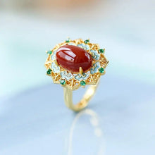 Load image into Gallery viewer, S925 Sterling Silver Gold Plated Natural South Red Agate Enamel Ruyi Ethnic Style Open Adjustable Ring Retro Female
