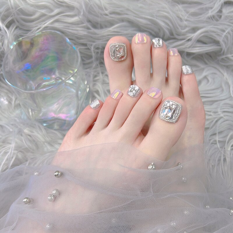 24pcs Fake Nails With Glue Square Summer Silver Sparkling Silver Diamond Finished Manicure Patch False Nails ToeNail Press On DL