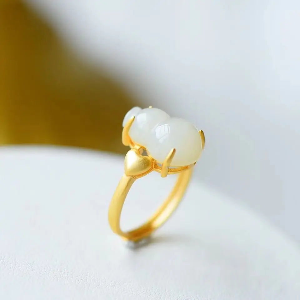 Natural Hetian Jade Gourd Ring S925 Sterling Silver Gilding Index Finger Ring Vintage Chinese Style Gourd Ring Ornament