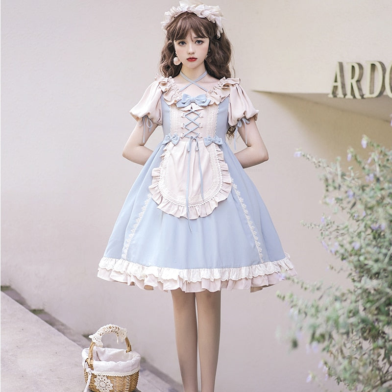 Japanese Kawaii Lolita Princess OP Dress Women Elegant Sweet Pastoral Style Bow Bandage Tea Party Dresses Girls Cute Fairy Dress