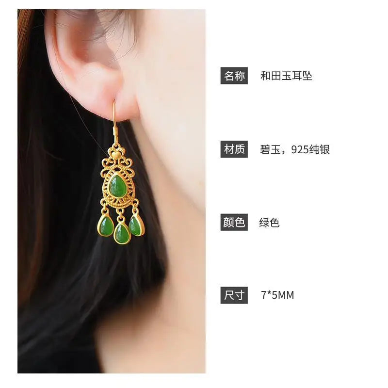 Hetian Jade Water Drop Earrings Bright Green Full Color without Black Dots Gold Inlaid Quality S925 Sterling Silver Style
