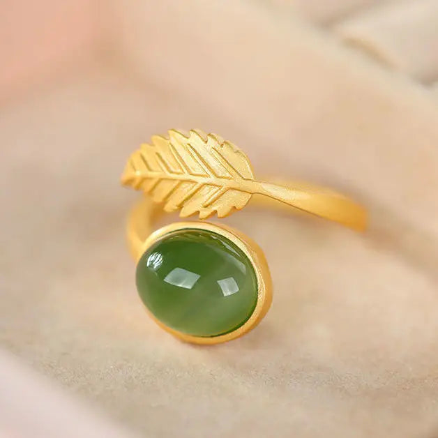 S925 Sterling Silver Natural Hetian Jade Green Jade Ring Personality Feather Ring Temperament Ring Rings Ornament Female Tempera