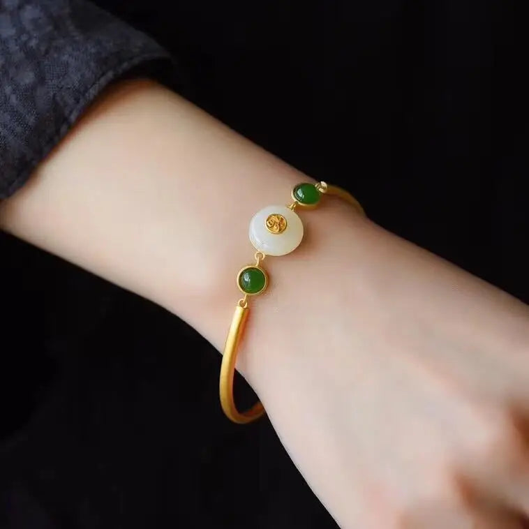 Natural Hetian Jade Safety Buckle Bracelet Retro Women's Chinese Style Court Fu Character Bracelet Jewelry Women's Sterling Silv