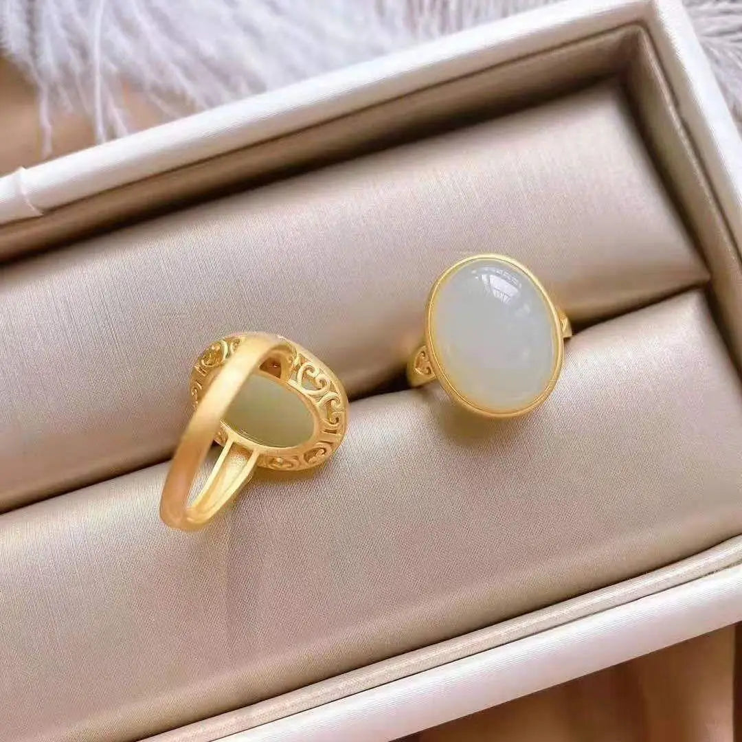 S925 Sterling Silver Natural Hetian Jade Egg Surface Ring Women's Retro Ruyi Auspicious Cloud Switchable Index Finger Ring