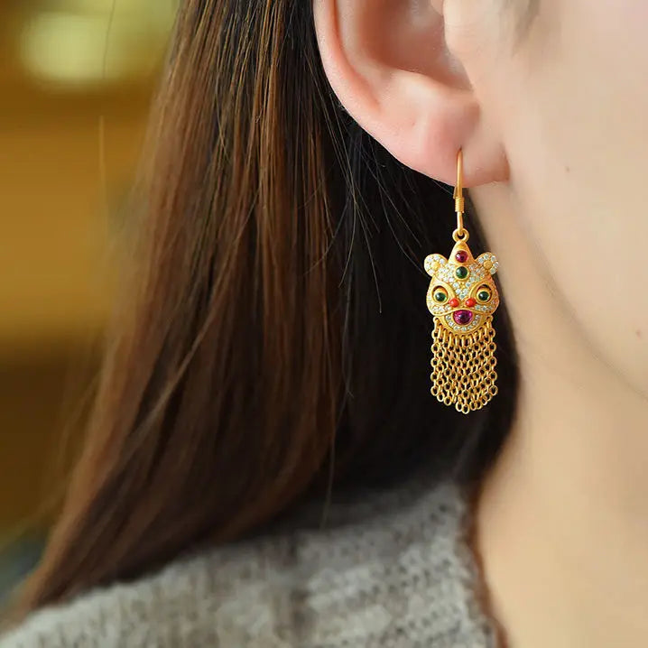 S925 Sterling Silver Lion Tassel Earrings Ancient Gold Plated Ethnic Style Earrings with Han Chinese Costume Tang Costume
