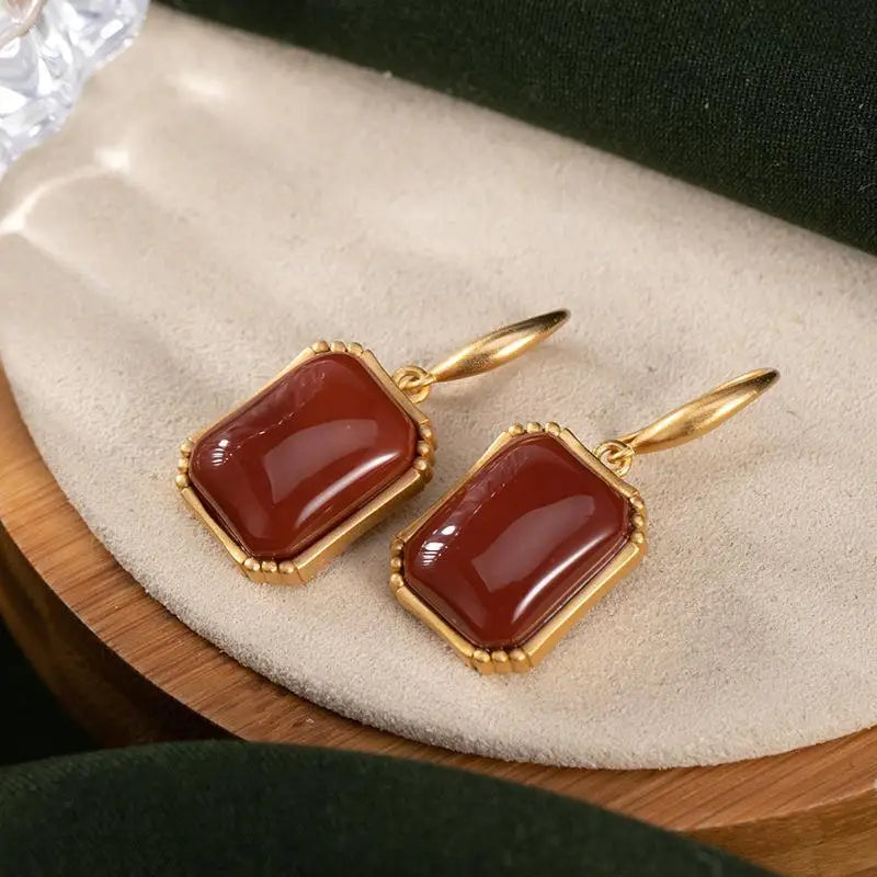 S925 Sterling Silver Frosted Gold-Plated Chinese Red Natural South Red Agate High-Grade Republic of China Style with Cheongsam E