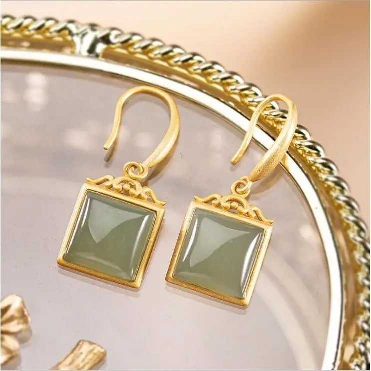 Natural Hetian Gray Jade Geometric Earrings S925 Sterling Silver Xiangyun Square Jade Earrings Fashion Gold Ear Hook Silver Jewe