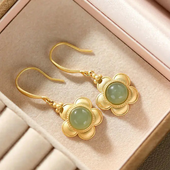 Natural Hetian Jade Green Jade Plum Earrings S925 Women's Sterling Silver Fashion Retro Characteristic Popular All-Matching Silv