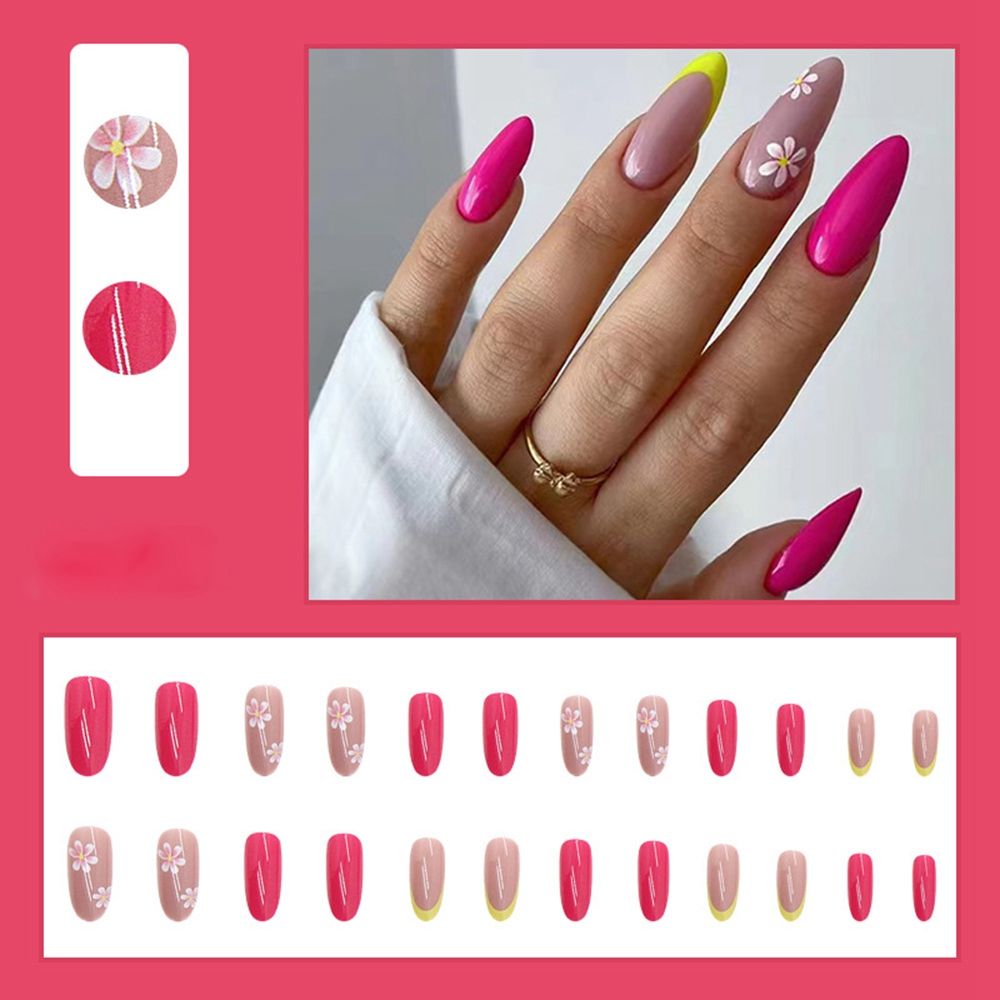 24pcs/Box Ballerina Nail Tip Purple with Design Manicure Patches Fresh Floral Almond False Nails Press on Med Nails Detachable