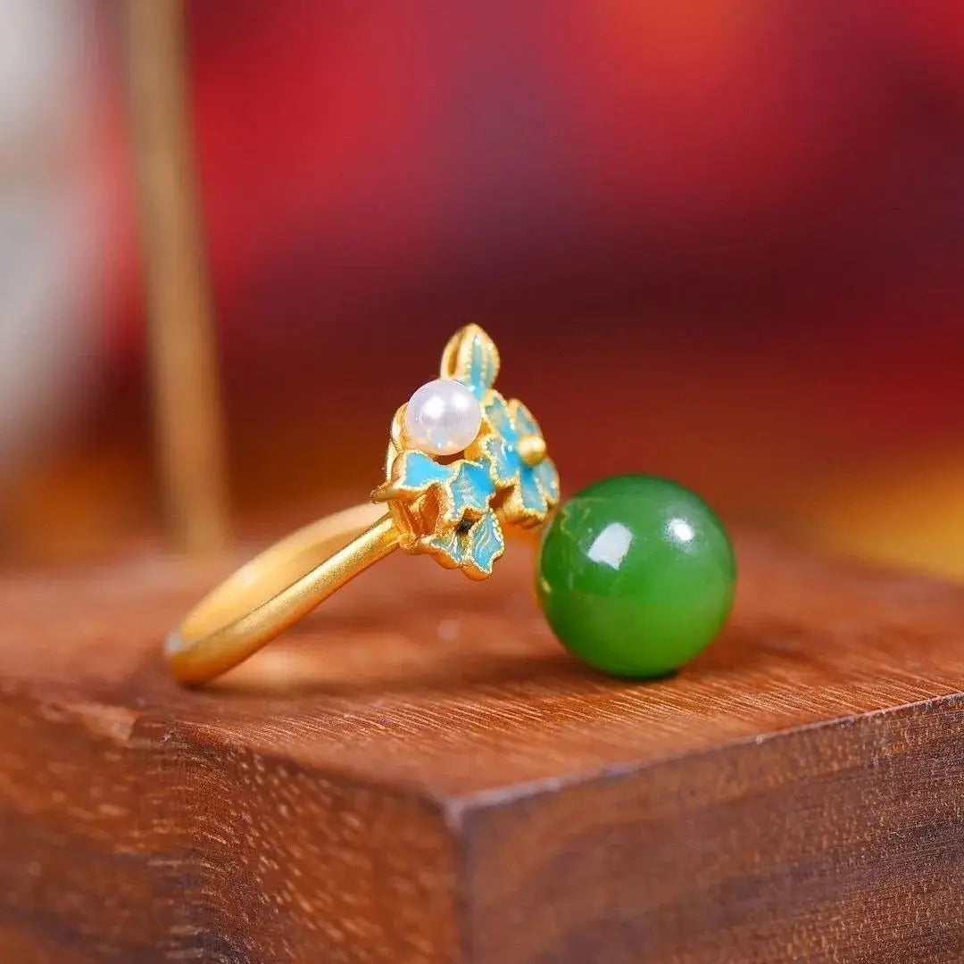 Natural Hetian Jade Green Jade Pearl Ring S925 Sterling Silver Ancient Gold Enamel Inlaid Exquisite Ancient Style Chinese Style