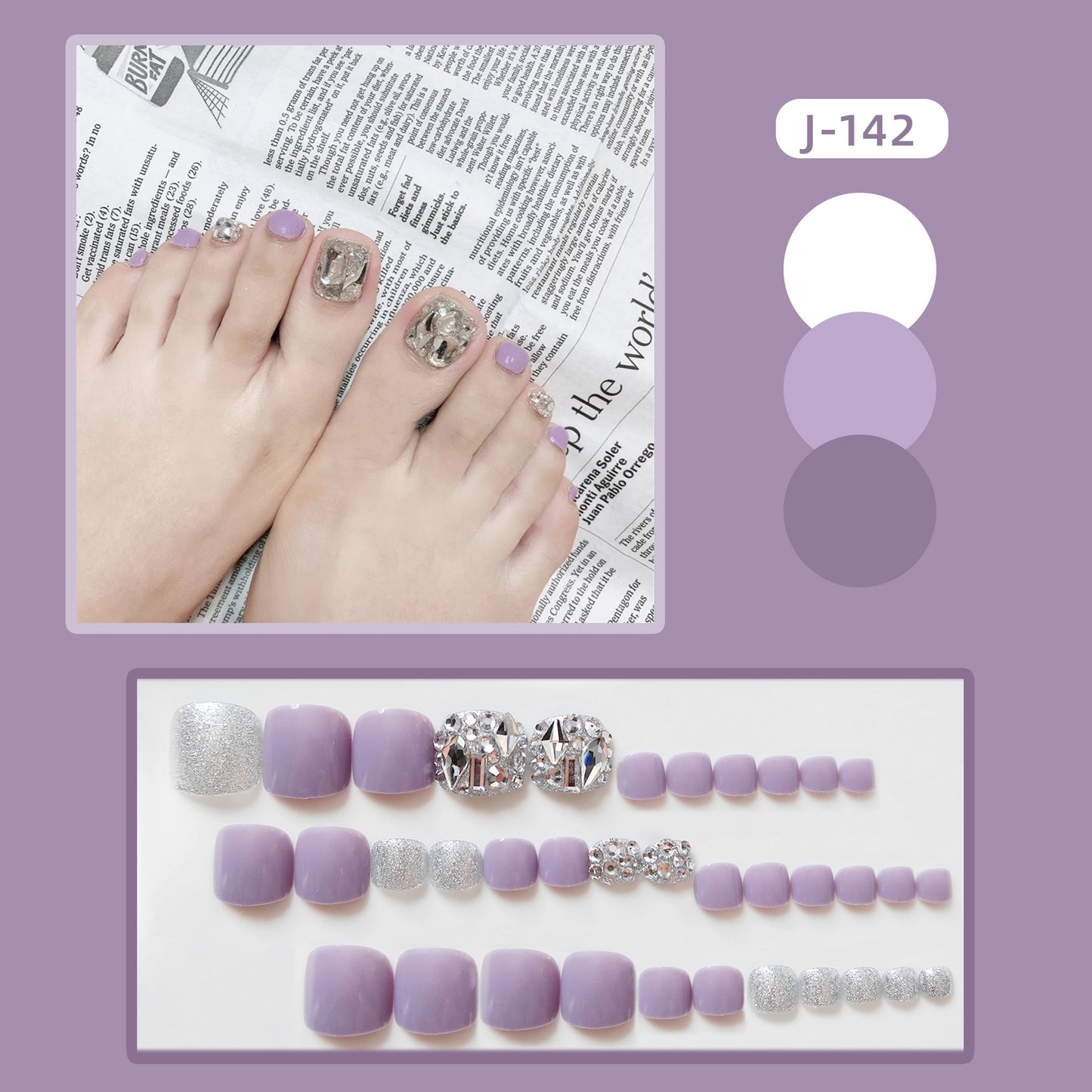 False Glitter ToeNails Purple Color Summer Full Diamond Nail Stickers Detachable Press On Fake Toe nails Manicure Feet Nail Tips