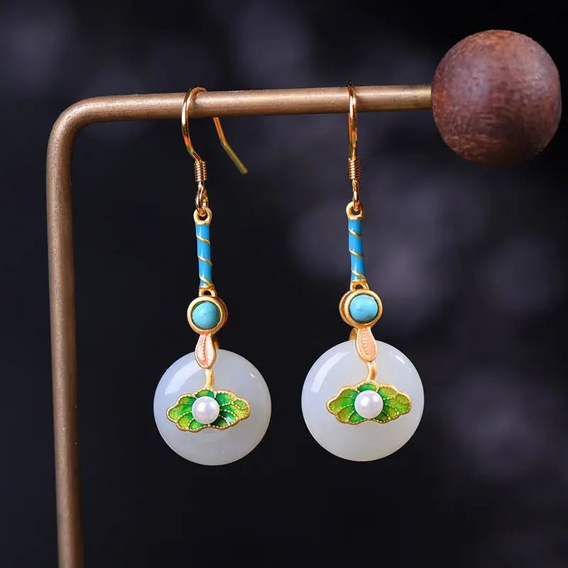 S925 Sterling Silver Inlaid Natural Hetian Jade Flat White Jade Buckle Earrings White Jade Ancient Chinese Style Anti-Allergy Wo