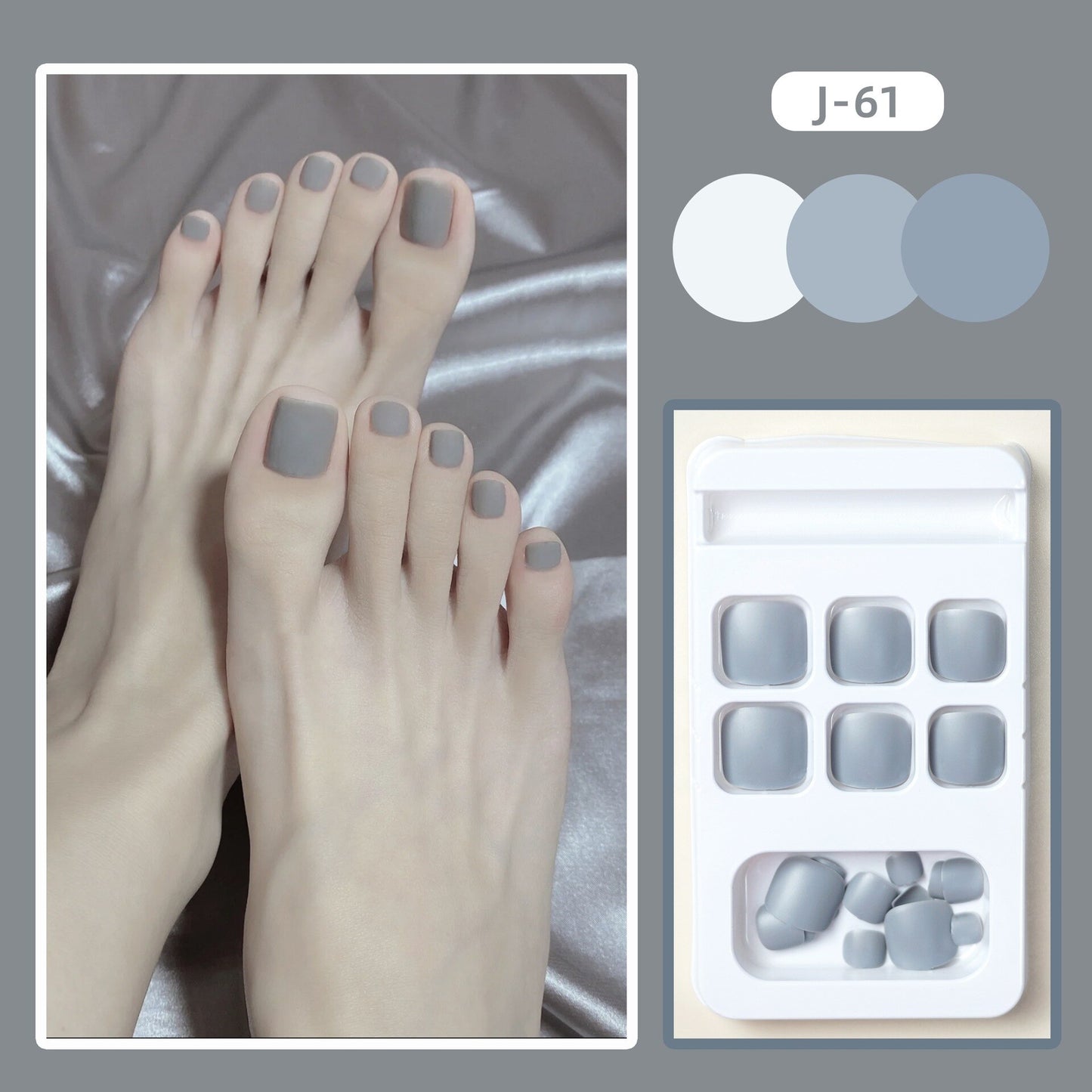 24pcs Solid Gray Matte Toenail Full Cover Short Flat Shape with Designs Summer Reusable Artificial False Stick-on Nails Art