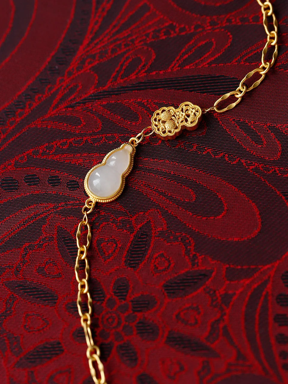 Full Pot to Attract Good Luck, Original Design Hetian Jade Gourd Sterling Silver Ancient Gold Carved Flower Bracelet for Women