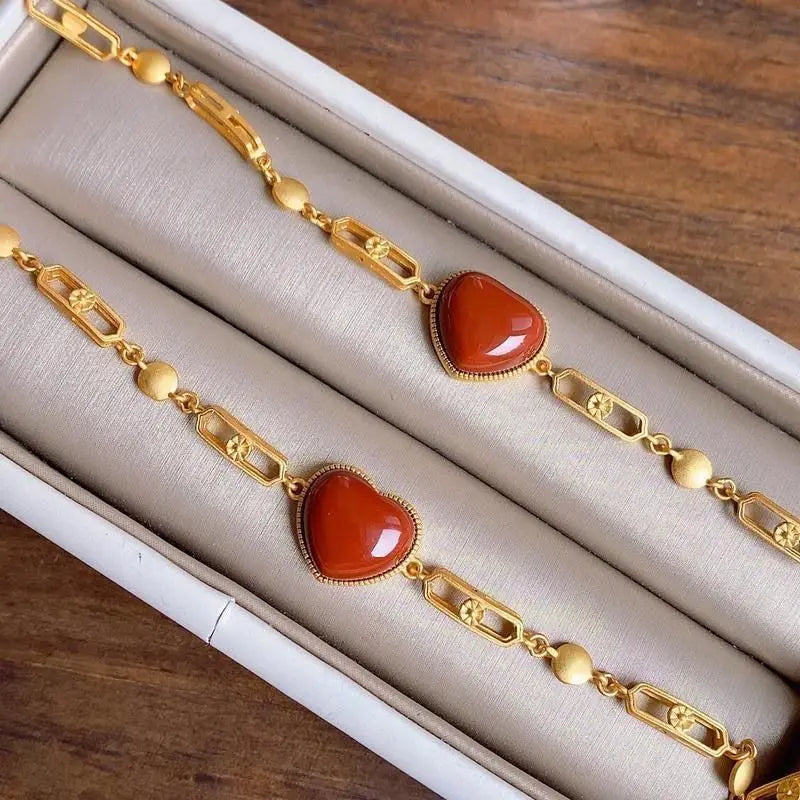 Natural Hetian South Red Heart Agate Gold S925 Sterling Silver Bracelet Refined Grace Aesthetic Style Artistic Hand Jewelry