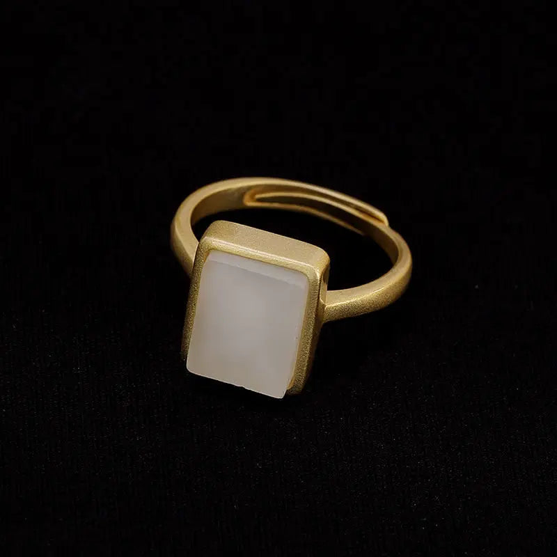 S925 Sterling Silver Inlaid Natural Hetian Jade White Jade Rectangular Frosted High-End Women's Open Ended Ring Simple Style