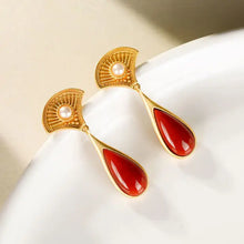 Load image into Gallery viewer, S925 Sterling Silver Natural South Red Agate Stud Earrings Vintage Temperament Wild Elegant Fan-Shaped Pearl Women&#39;s Stud Earrin
