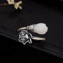 Load image into Gallery viewer, S925 Silver Vintage Inlaid Magnolia Lotus Ring 2019 New Women&#39;s Personalized Carved Opening Tail Ring Ring
