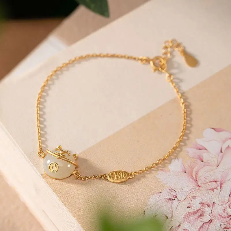 Original S925 Sterling Silver Gilding Natural Hetian Jade Graceful Personality Lady Fortune Cat Cute Personality Bracelet