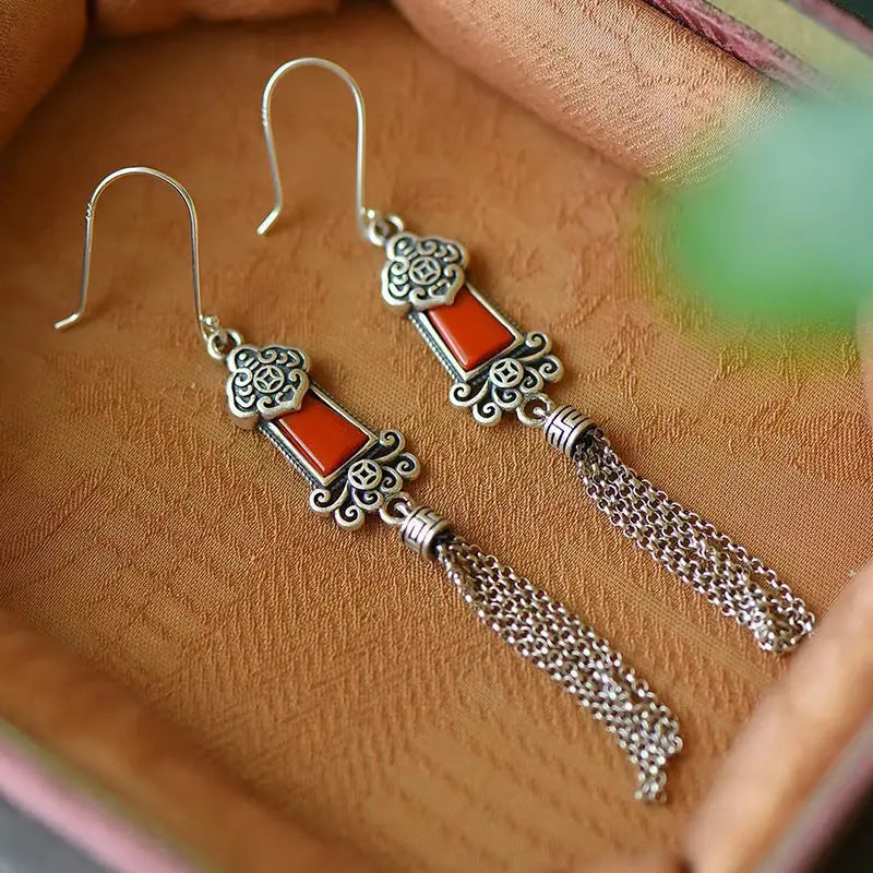 Ancient Style Old Silver Tassel Earrings Distressed S925 Sterling Silver Inlaid Southern Red Agate Earrings Retro Ethnic