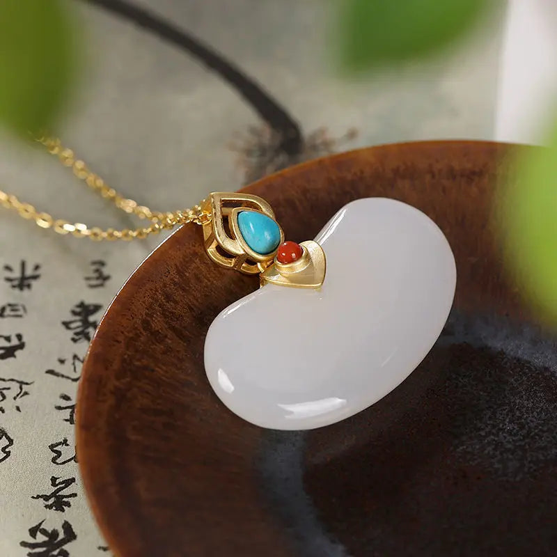 S925 Sterling Silver South Red Lock of Good Wishes Pendant Inlaid Natural Hetian Jade Personality Fu Dou Ladies' Pendant Chain