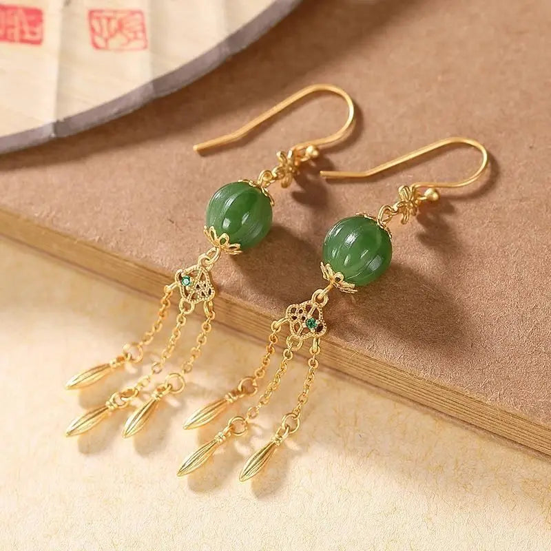 Antique Eardrops Long Fringe Earrings Natural Hetian Jade Green Jade Earrings Women's Temperamental Fairy Vintage Earrings Sterl