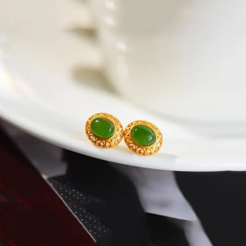 S925 Sterling Silver Gilding Oval Earrings Inlaid Natural Jasper Stud Earrings Alluring Fresh Green Simple Elegant Fashion