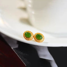 Load image into Gallery viewer, S925 Sterling Silver Gilding Oval Earrings Inlaid Natural Jasper Stud Earrings Alluring Fresh Green Simple Elegant Fashion
