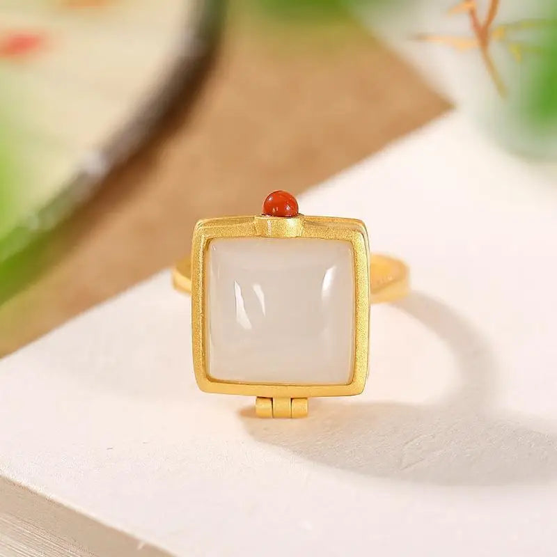 S925 Sterling Silver Inlaid Natural Hetian Jade Geometric Square South Red Embellished Simple Neutral Opening Ring Ring Women