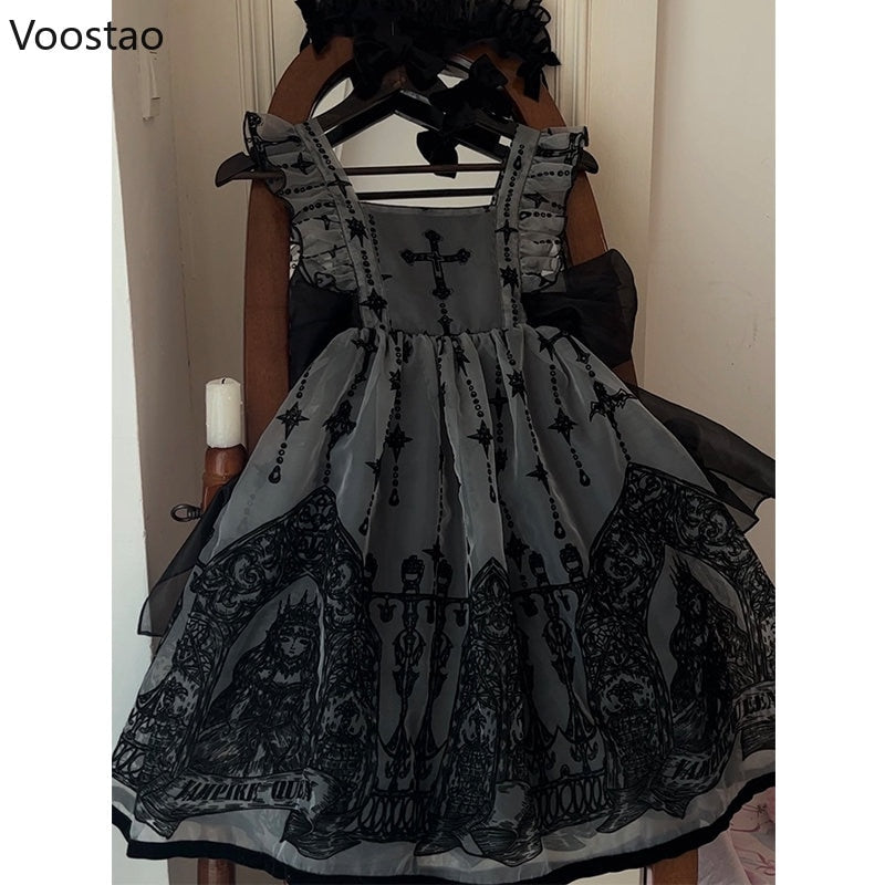 Vintage Victorian Sleeveless Cross Devil Witch Print Lolita Dress