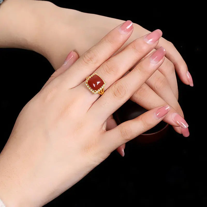 Natural South Red Agate Ring S925 Sterling Silver Square Ring Women's Graceful and Fashionable High-Grade Simple Open Index Fing