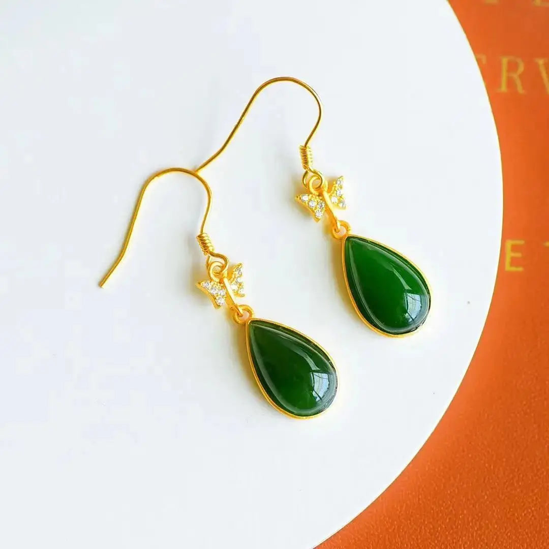 Antique Eardrops Court Style Earrings Water-Drop Eardrops Retro Chinese Style Natural Hetian Jade Green Jade Earrings Women's S
