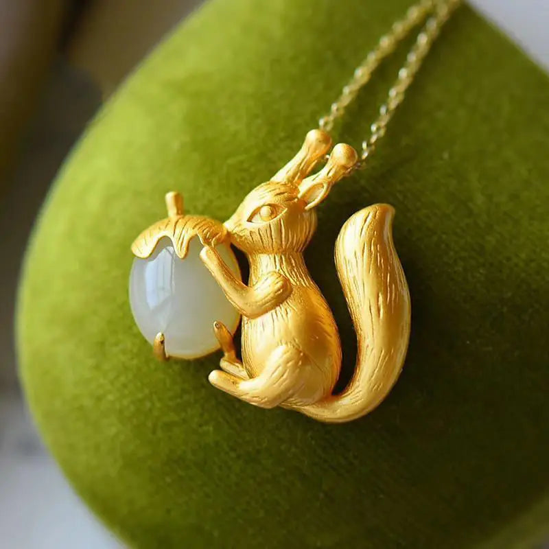 Natural Hetian Jade Squirrel White Jade Pendant S925 Sterling Silver Ancient Gold Craft Cute Squirrel Ornament