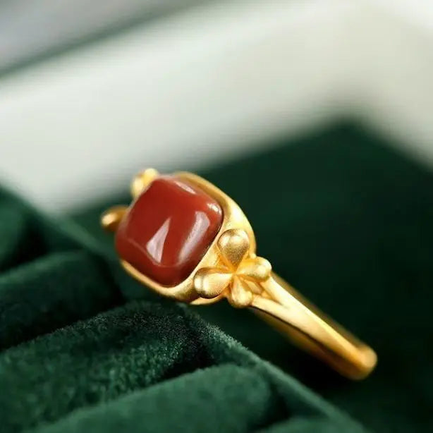 S925 Sterling Silver Natural Hetian Jade Southern Red Agate Square Ring Full Color Full of Meat Frosted Texture Gilding Craft Op