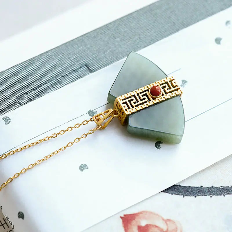S925 Sterling Silver Gold Plated High-Grade Natural Hetian Jade Gray Jade Personality Fan-Shaped Ladies with Chain Ornament