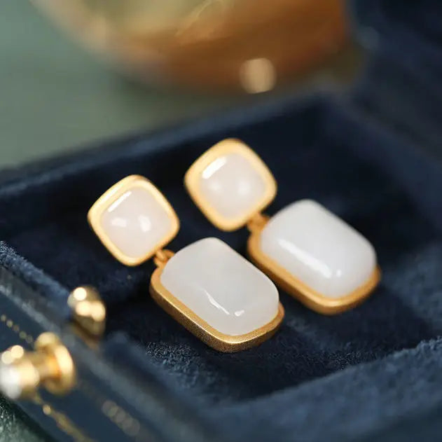 S925 Sterling Silver Hong Kong Style Classical Gentle Natural Hetian White Jade Earrings Elegant Hanfu Ornament