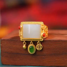 Load image into Gallery viewer, Mushan Natural Hetian Jade Ring Ancient S925 Sterling Silver Square Ring Elegant Retro Palace Style Open Ring Women
