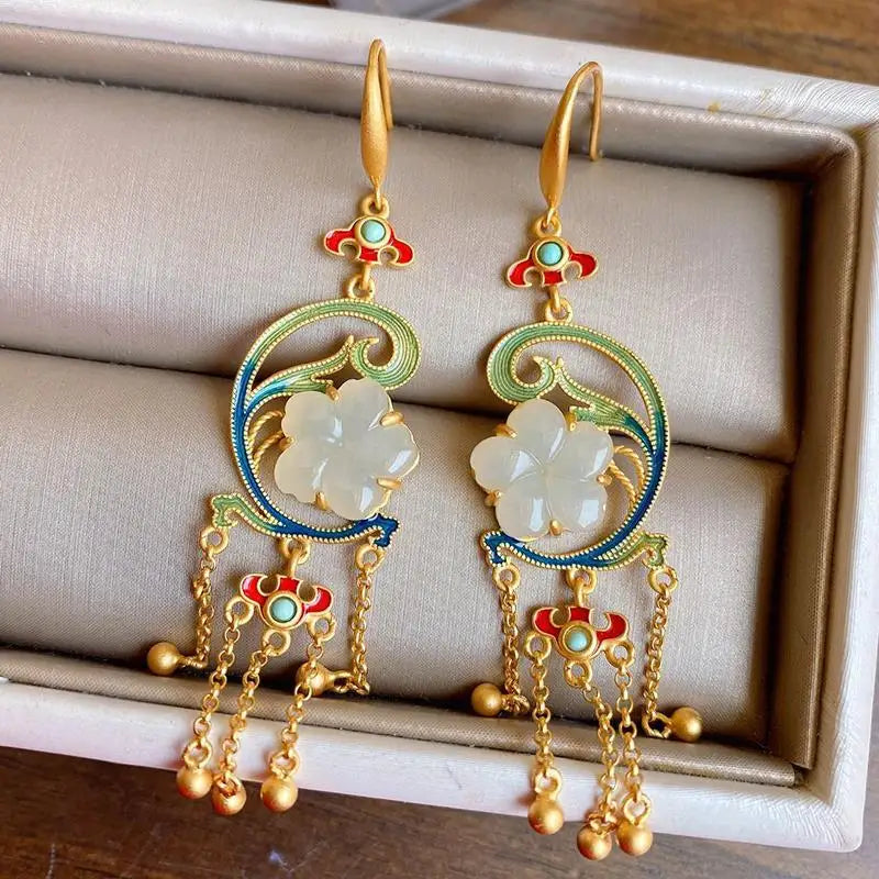 Natural Hetian Jade Flower Earrings Matte Luxurious Style Ice-like Camellia National Fashion Dinner Dress Eardrop Jewelry