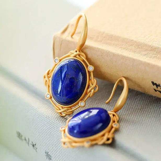 Original Design Natural Lapis Lazuli Egg Surface Earrings S925 Sterling Silver Inlaid Gilding Color Retaining Craft Fashion Fash