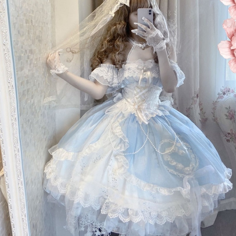 Vintage Victorian Flower Dresses Girly Lace Pearls Mesh Vestidos