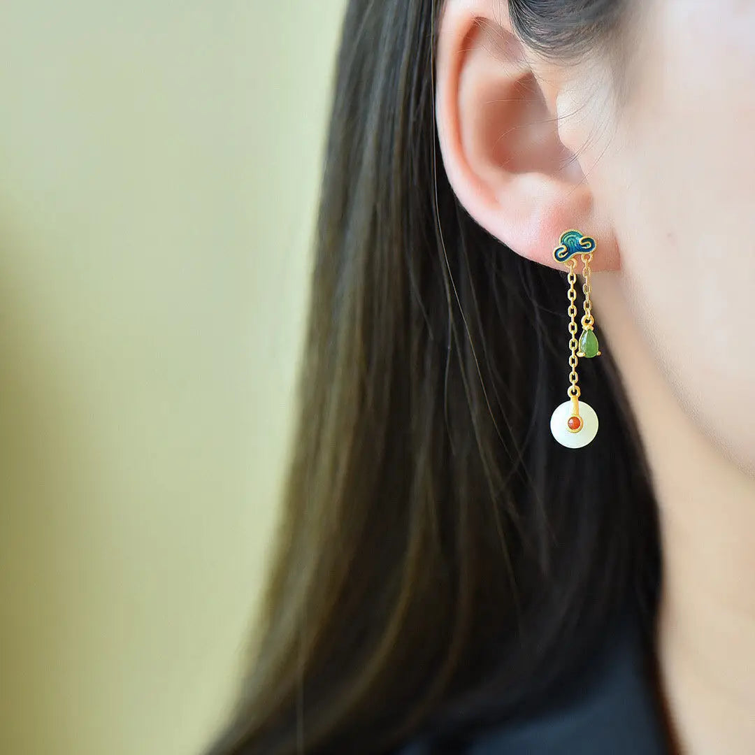 Sterling Silver Ancient Chinese Style Fairy Earrings Women's Tassel Peace Buckle Hetian Jade Ear Studs Special-Interest Design
